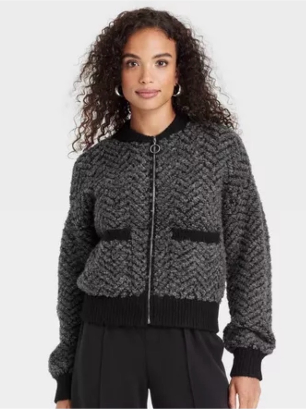 a new day Charcoal Gray Textured Knit Bomber Jacket